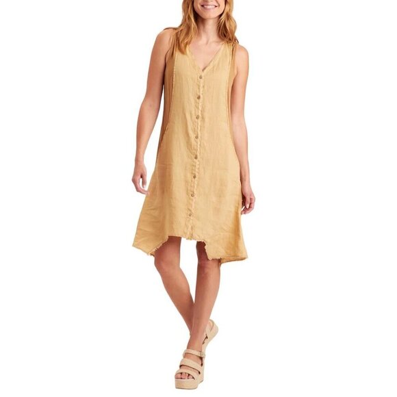 Linen Dress Gold Neutral Tan Lagenlook Pockets Button Front Beachy Small - Picture 2 of 14